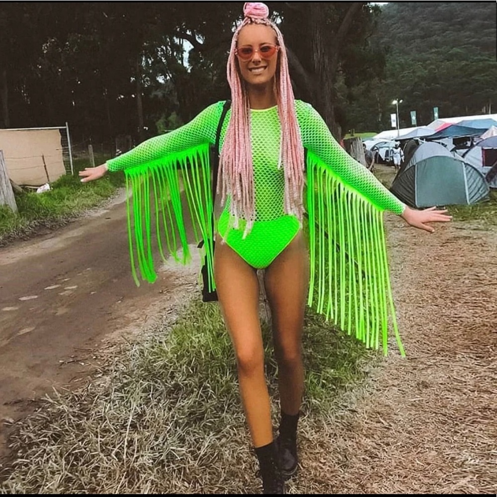 Neon Green/Yellow Mesh Rave Outfit with Fringe - Size M